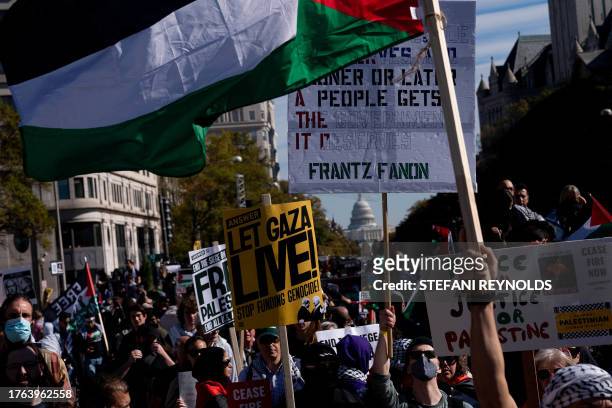 Demonstrators gather in Freedom Plaza during a rally in support of Palestinians in Washington, DC, on November 4, 2023. Thousands of people, both...