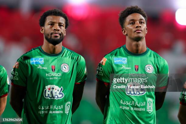Georginio Wijnaldum and Demarai Gray of Al Ettifaq prior the Saudi Pro League match between Al-Ettifaq and Al-Raed at Al Ettifaq Stadium on November...
