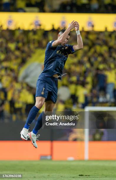 Cristiano Ronaldo of Al-Nassr celebrates after a goal during of the Saudi Pro League week 12 match between Al Nassr and Al-Khaleej at Alawwal Park...