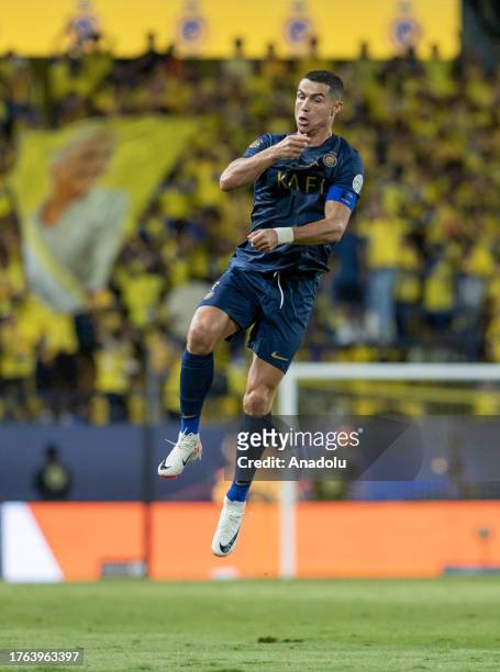 Cristiano Ronaldo of Al-Nassr celebrates after a goal during of the Saudi Pro League week 12 match between Al Nassr and Al-Khaleej at Alawwal Park...