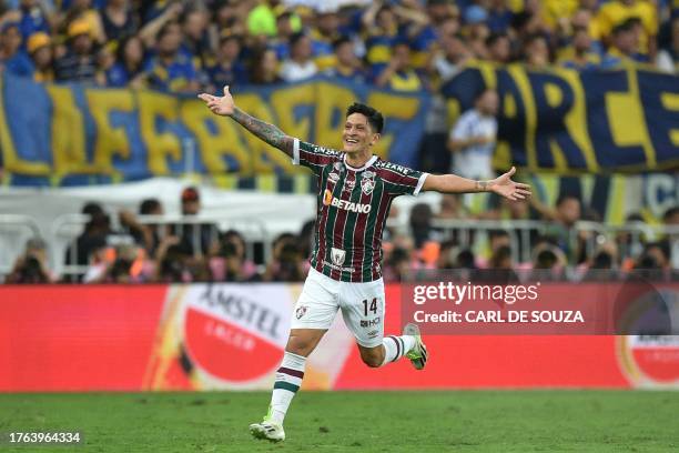 Fluminense's Argentine forward German Cano celebrates after scoring his team's first goal during the Copa Libertadores final football match between...