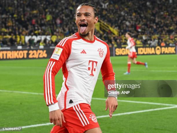 Leroy Sane of FC Bayern Munchen celebrates a Bayern Munich goal during the Bundesliga match between Borussia Dortmund and FC Bayern Munich at Signal...