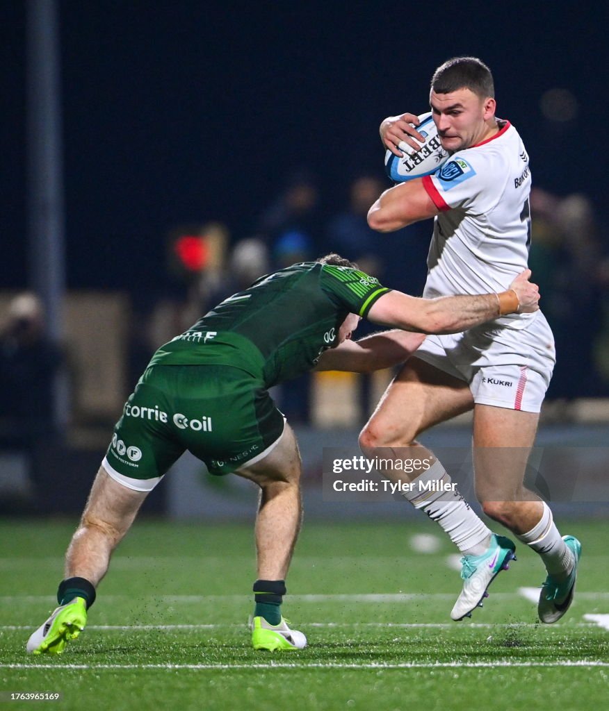 Ulster Rugby Rugby Ruck Galway , Ireland - 4 November 2023; Ben Moxham of Ulster is tackled ...