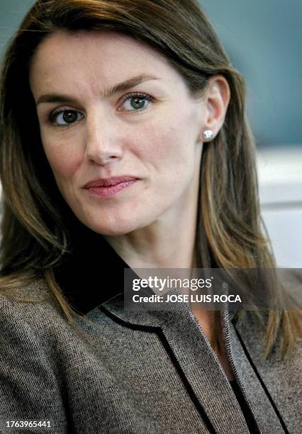 Princess Letizia looks on during the inauguration ceremony of the local Chamber of Commerce new building with Spanish Crown Prince Felipe and the...