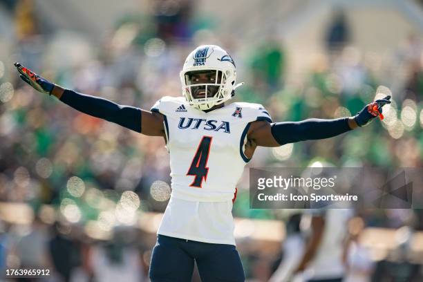 Roadrunners cornerback Nicktroy Fortune celebrates an incomplete pass during the UTSA Roadrunners and North Texas Mean Green on November 4, 2023 at...