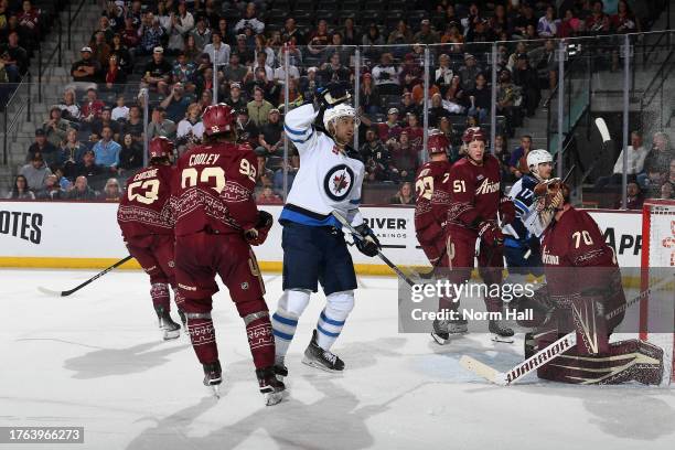 Nino Niederreiter of the Winnipeg Jets celebrates after scoring a goal against the Arizona Coyotes during the second period of the game at Mullett...