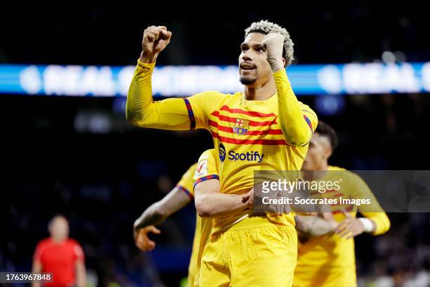 Ronald Araujo of FC Barcelona celebrates 0-1 during the LaLiga EA Sports match between Real Sociedad v FC Barcelona at the Reale Arena Stadium on...