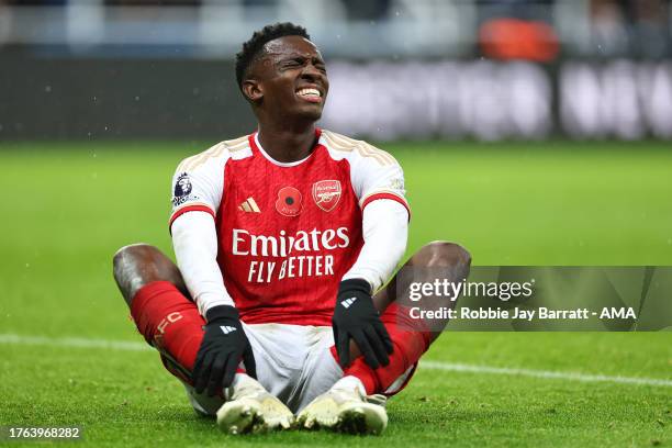 Eddie Nketiah of Arsenal reacts during the Premier League match between Newcastle United and Arsenal FC at St. James Park on November 4, 2023 in...