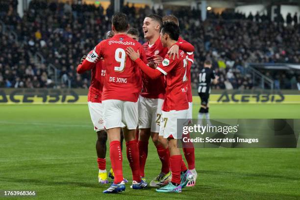 Luuk de Jong of PSV celebrates 0-1 with Johan Bakayoko of PSV, Joey Veerman of PSV, Hirving Lozano of PSV during the Dutch Eredivisie match between...