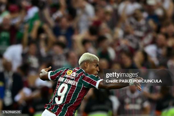 Fluminense's forward John Kennedy celebrates after scoring his team's second goal during the Copa Libertadores final football match between Brazil's...