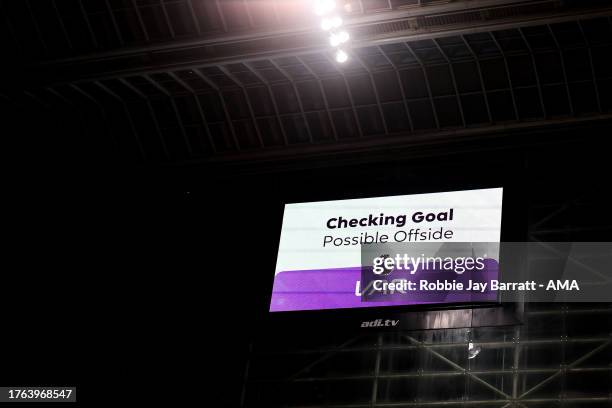 Possible offside decision on the LED screen during the Premier League match between Newcastle United and Arsenal FC at St. James Park on November 4,...