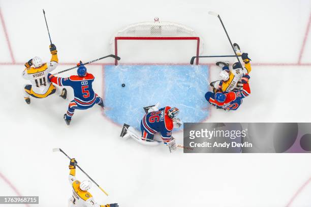 Ryan O'Reilly of the Nashville Predators scores his second goal of the second period against the Edmonton Oilers at Rogers Place on November 4 in...
