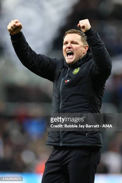 Eddie Howe the head coach / manager of Newcastle United celebrates his teams 1-0 victory at full time during the Premier League match between...
