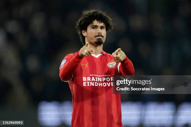 Andre Ramalho of PSV celebrates 0-4 during the Dutch Eredivisie match between Heracles Almelo v PSV at the Polman Stadium on November 4, 2023 in...