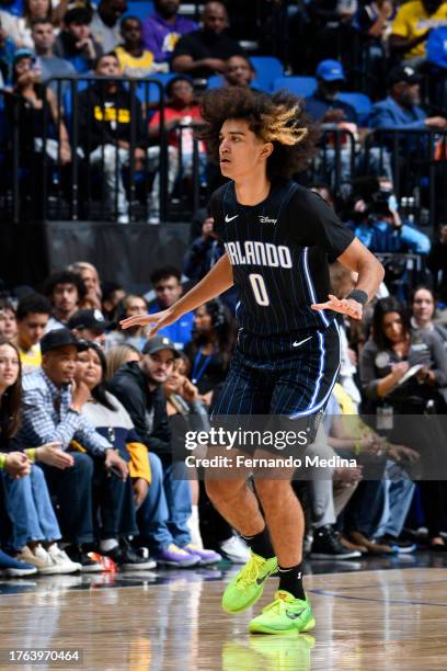 Anthony Black of the Orlando Magic plays defense against the Los Angeles Lakers on November 4, 2023 at Amway Center in Orlando, Florida. NOTE TO...