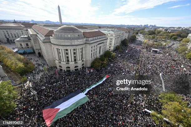 An aerial view of protestors at the Freedom Plaza on November 4, 2023 in Washington D.C. Protestors gathered to hold a pro-Palestinian rally and...