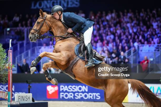 Roger Yves Bost riding Ballerine du Vilpion during the day four of Equitalyon at Lyon Eurexpo on November 4, 2023 in Lyon, France.