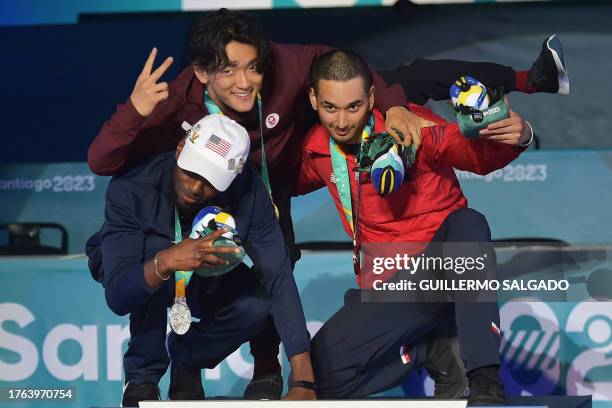 Jeffro , Canada's Phil Wizard , and Chile's Matita stand on the podium with their silver, gold and bronze medals respectively in the breaking B-Boys...