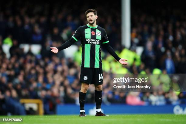 Adam Lallana of Brighton & Hove Albion reacts during the Premier League match between Everton FC and Brighton & Hove Albion at Goodison Park on...