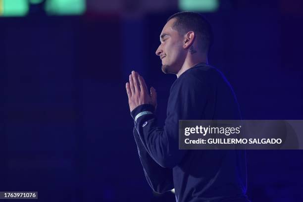 Chile's Matita gestures after winning the bronze medal in the B-Boys bronze medal breaking event of the Pan American Games Santiago 2023 at the...