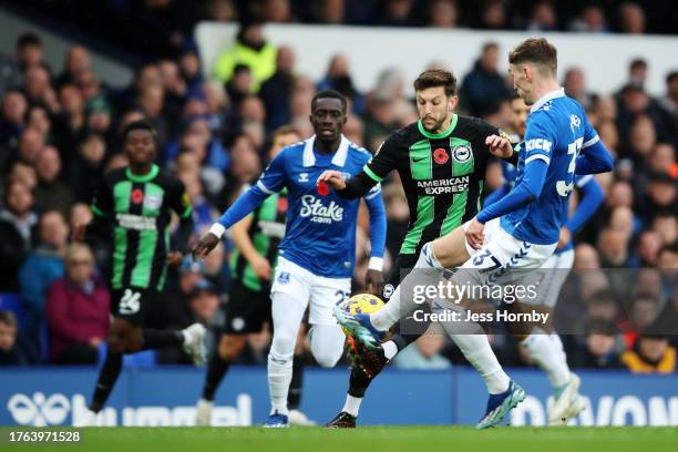 Adam Lallana of Brighton & Hove Albion is challenged by James Garner of Everton during the Premier League match between Everton FC and Brighton &...