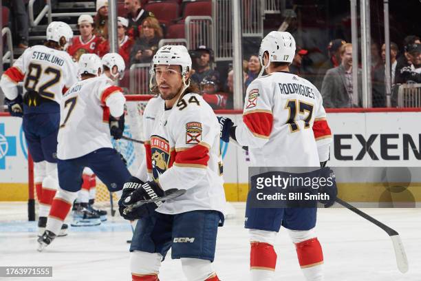 Ryan Lomberg of the Florida Panthers warms up on the ice alongside teammates before the game against the Chicago Blackhawks at the United Center on...