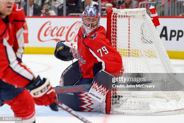 Charlie Lindgren of the Washington Capitals watches the play as he defends his net during a game against the Columbus Blue Jackets at Capital One...