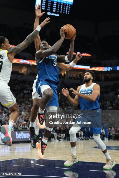 Anthony Edwards of the Minnesota Timberwolves drives to the basket during the game against the Utah Jazz on November 4, 2023 at Target Center in...