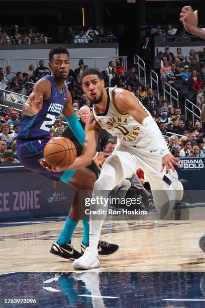 Tyrese Haliburton of the Indiana Pacers drives to the basket during the game against the Charlotte Hornets on November 4, 2023 at Gainbridge...