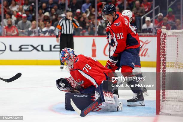 Charlie Lindgren of the Washington Capitals makes a save during a game against the Columbus Blue Jackets at Capital One Arena on November 4, 2023 in...