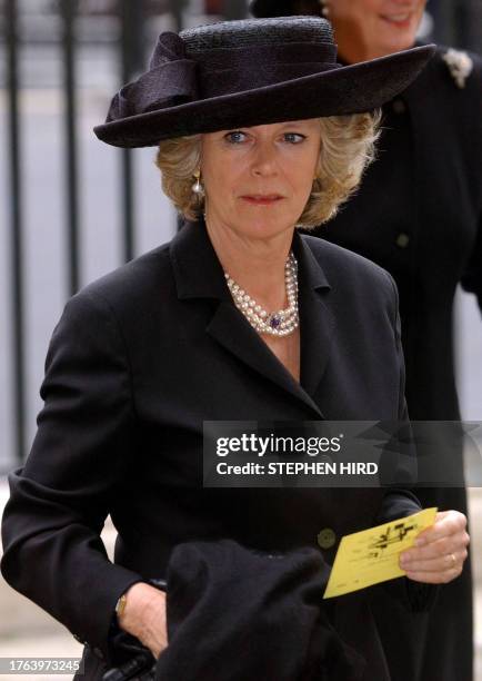 Camilla Parker Bowles, partner of the Prince of Wales, arrives for Princess Margaret's memorial service at Westminster Abbey in London, 19 April...