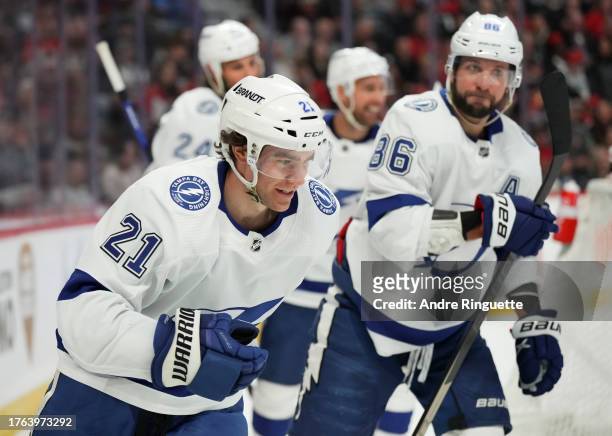 Brayden Point of the Tampa Bay Lightning celebrates his second period goal against the Ottawa Senators at Canadian Tire Centre on November 4, 2023 in...