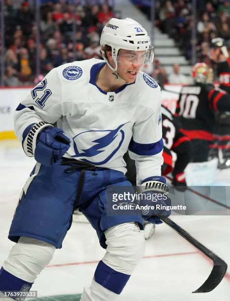 Brayden Point of the Tampa Bay Lightning celebrates his second period goal against the Ottawa Senators at Canadian Tire Centre on November 4, 2023 in...