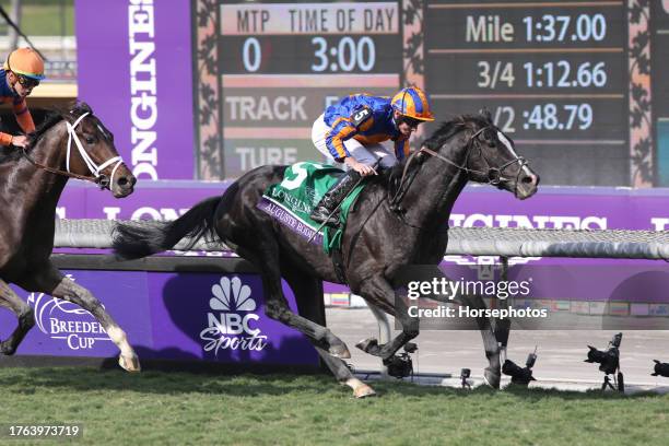 Auguste Rodin with jockey Ryan Moore rides to win the Breeders Cup Turf at Santa Anita Park on November 4, 2023 in Arcadia, California.