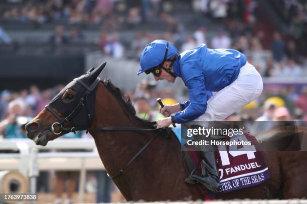 Jockey William Buick reacts while he rides Master of the seas after winning the Breeders Cup Mile at Santa Anita Park on November 4, 2023 in Arcadia,...