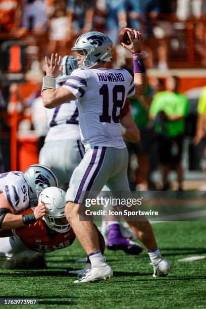 Kansas State Wildcats quarterback Will Howard looks downfield for an open receiver during the game between the Texas Longhorns and the Kansas State...