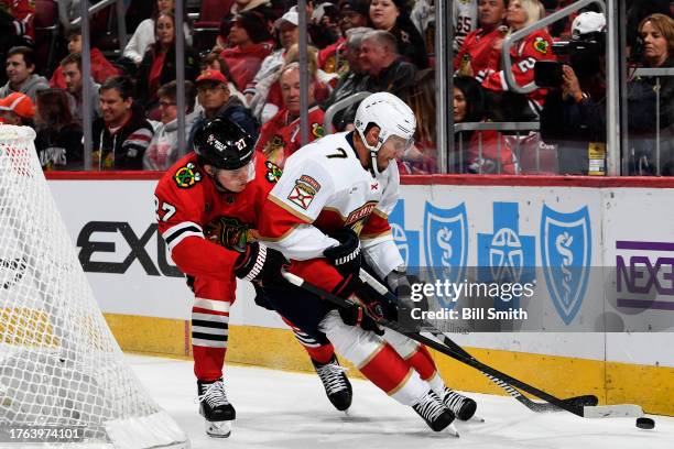 Lukas Reichel of the Chicago Blackhawks and Dmitry Kulikov of the Florida Panthers battle for the puck during the second period at the United Center...