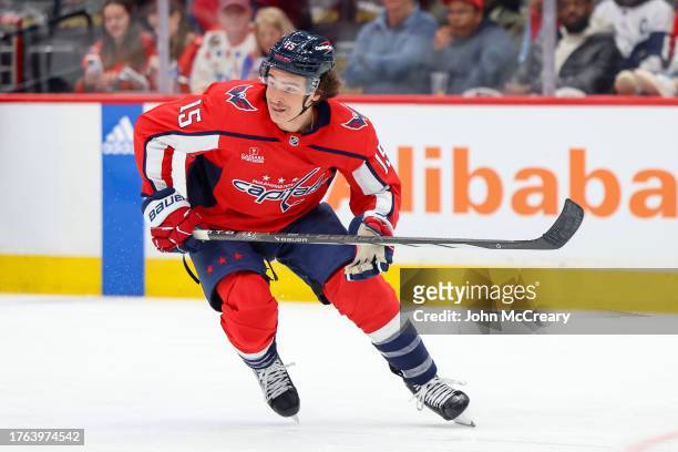 Sonny Milano of the Washington Capitals skates to a loose puck during a game against the Columbus Blue Jackets at Capital One Arena on November 4,...