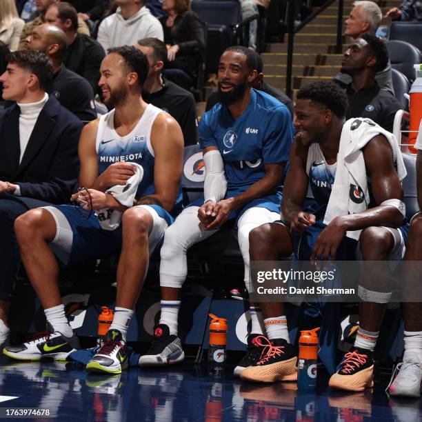 Players laugh on the bench during the game on November 4, 2023 at Target Center in Minneapolis, Minnesota. NOTE TO USER: User expressly acknowledges...