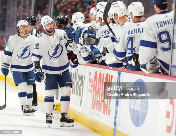 Nikita Kucherov of the Tampa Bay Lightning celebrates his third period goal against the Ottawa Senators at Canadian Tire Centre on November 4, 2023...