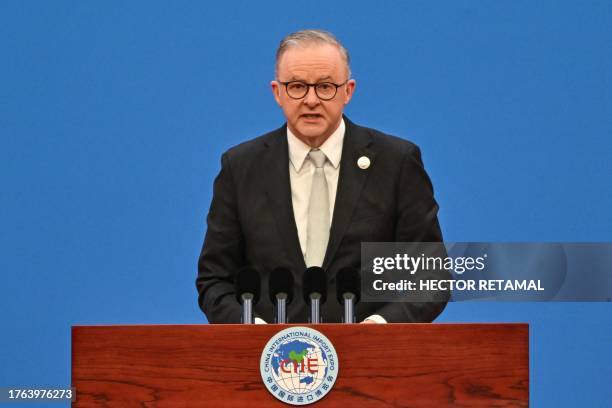 Australia's Prime Minister Anthony Albanese speaks during the opening ceremony of the 6th China International Import Expo in Shanghai on November 5,...