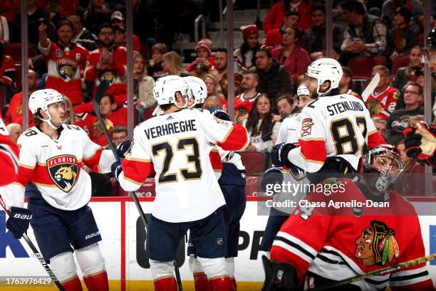 Florida Panthers celebrate a goal during the third period against the Chicago Blackhawks at the United Center on November 04, 2023 in Chicago,...