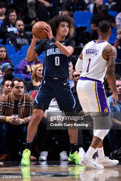 Anthony Black of the Orlando Magic looks to pass the ball during the game against the Los Angeles Lakers on November 4, 2023 at Amway Center in...