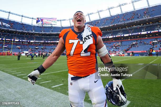 Garett Bolles of the Denver Broncos reacts after beating the Kansas City Chiefs 24-9 at Empower Field At Mile High on October 29, 2023 in Denver,...