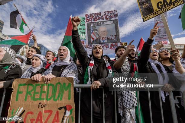 Washington DC, USA. Demonstrators gathered in Freedom Plaza for a rally in support of Palestinians in Washington, DC, on November 4, 2023. The rally...