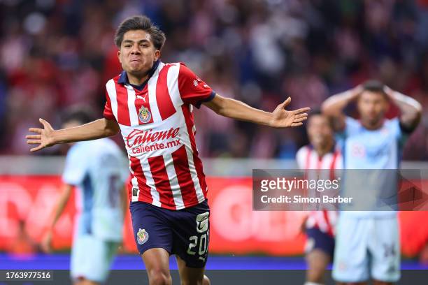 Yael Padilla of Chivas celebrates after scoring the winning-goal during the 16th round match between Chivas and Cruz Azul as part of the Torneo...