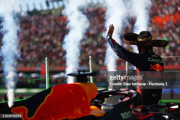 Race winner Max Verstappen of the Netherlands and Oracle Red Bull Racing celebrates on the podium after the F1 Grand Prix of Mexico at Autodromo...
