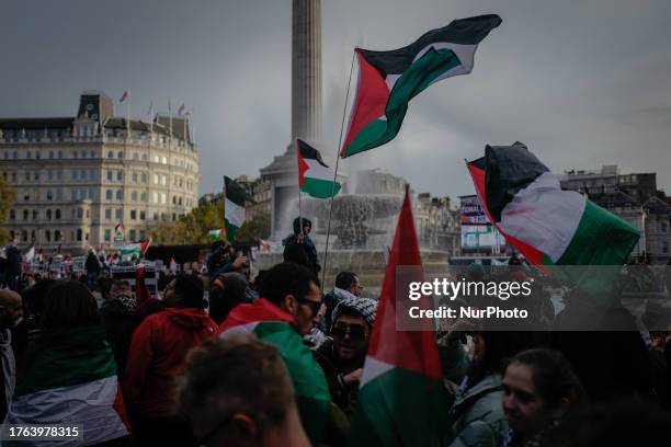 Demonstrators gather in Trafalgar Square, holding placards and waving flags, in support to to demand a ceasefire and humanitarian aid into Gaza, in...