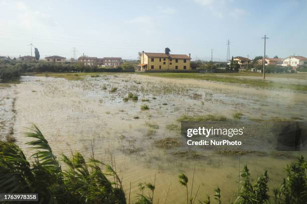 General view of houses and roads submerged due flood damage in Toscana on November 04, 2023 in Campi Bisenzio, Italy