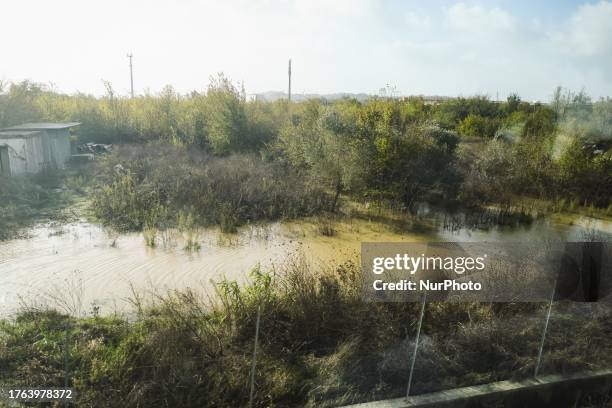 General view of houses and roads submerged due flood damage in Toscana on November 04, 2023 in Campi Bisenzio, Italy